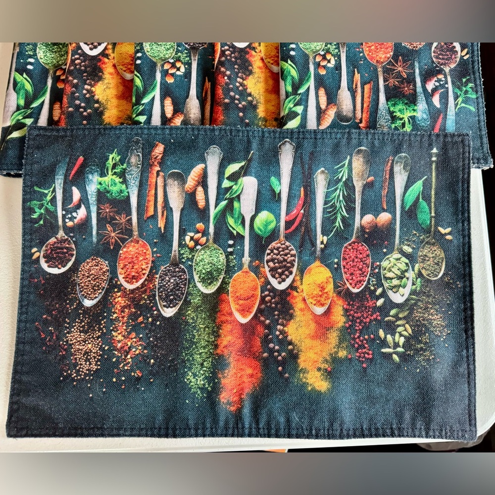 Vtg Spice Of Life Spoon Print Colorful Placemats Set of 6! Double Sided!